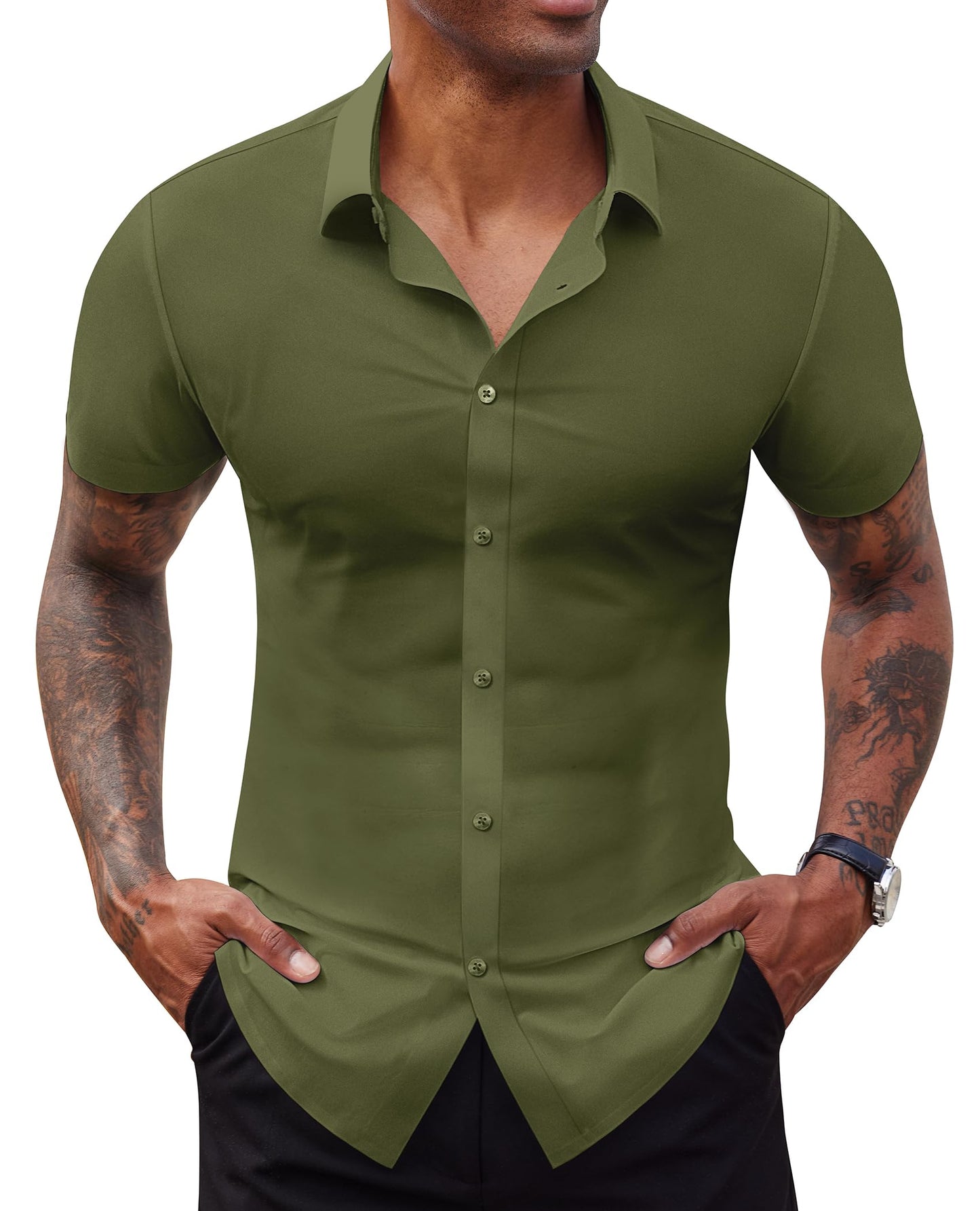 HOTLion Nardo Stretch Dress Shirts for Men Short Sleeve Slim Fit Casual Button Down Shirts Muscle Fit Men's Dress Shirts