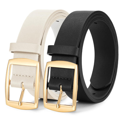 HOTWERFORU 2 Pack Women Leather Belts for Jeans Pants Fashion Leather Belts for Women Waistband with Gold Pin Buckle
