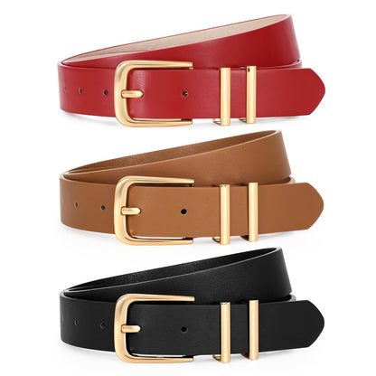 HOTLEACOOLKEY 3 Pack Women's Leather Belts for Jeans Dress Pants Fashion Ladies Leather Belts with Gold Buckle