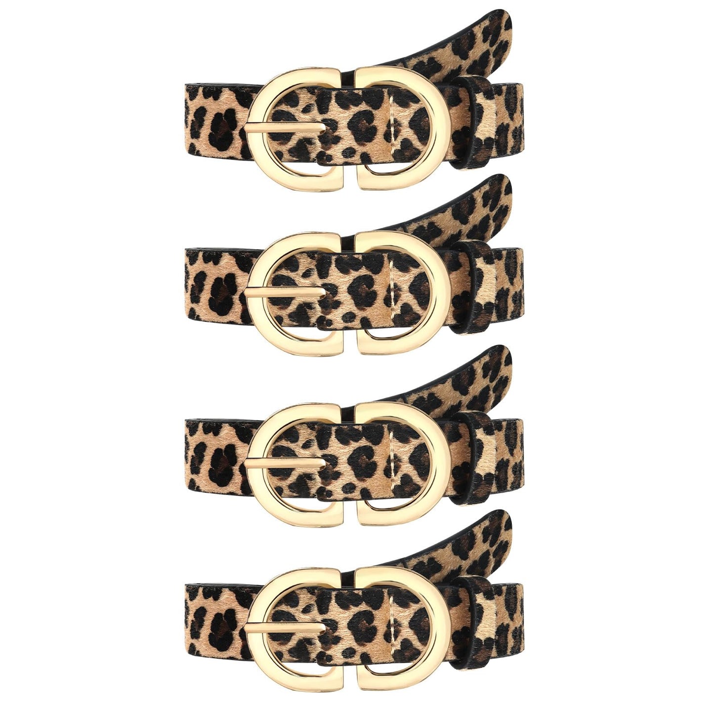 HOTYARIEW 4 Pack Leopard Belts for Women Leather Belts for Jeans Pants Ladies Dress Belt Waist Belt with Gold Buckle