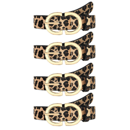 HOTYARIEW 4 Pack Leopard Belts for Women Leather Belts for Jeans Pants Ladies Dress Belt Waist Belt with Gold Buckle