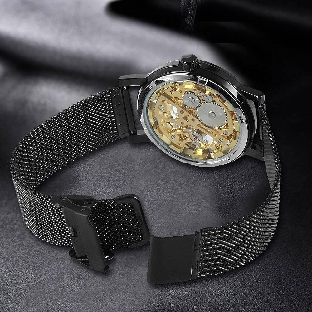 HOTMen's Skeleton Mechanical Roman Numeral Mesh Strap Watch, Hand Winding Mechanical Mesh Luminous Waterproof Watch for Men