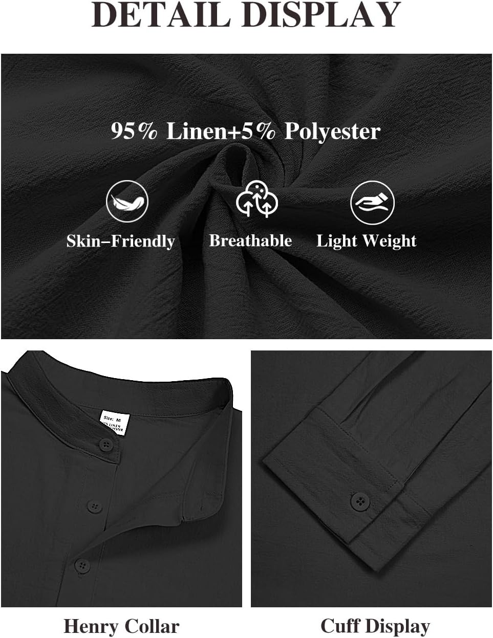 HOTMen's Linen Shirts Henley T-Shirts Long Sleeve Casual Beach T-Shirts Solid Tops Shirts for Men Black