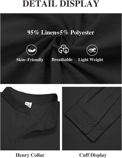 HOTMen's Linen Shirts Henley T-Shirts Long Sleeve Casual Beach T-Shirts Solid Tops Shirts for Men Black