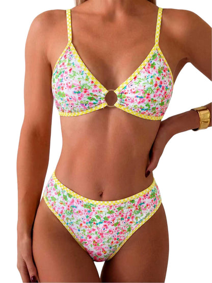 HOTTainehs Women's Two Piece Bikini Sets O Ring Front Top Ditsy Floral Triangle Swimsuits Cheeky Bathing Suit