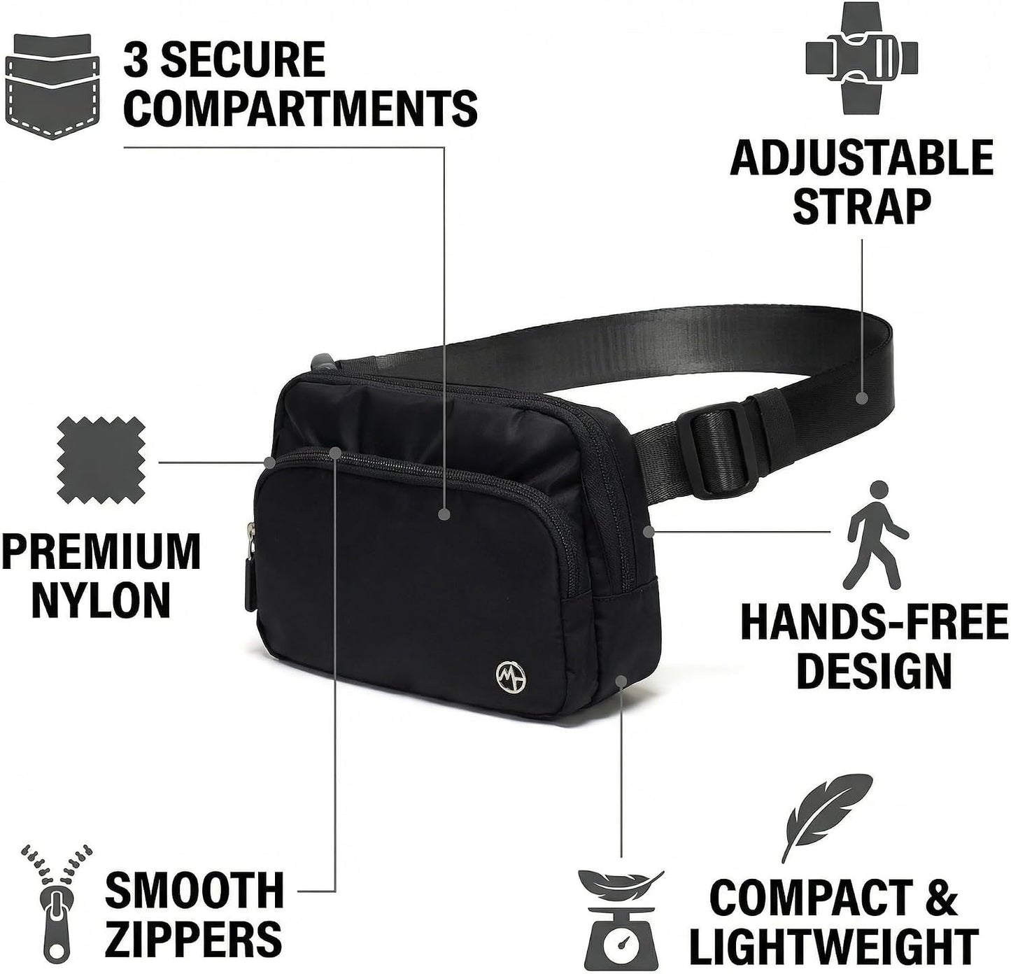 HOTPander Nylon Crossbody Belt Bag with Excess Strap Keepers, 6-Pocket Adjustable Sling Fanny Pack for Travel and Everyday Carry, Black