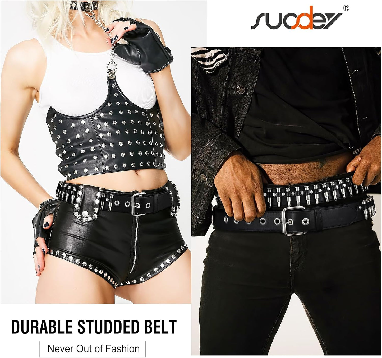 HOTSUOSDEY Black Studded Belt,Y2K Silver Metal Grommet Belt for Men Women Punk Rock Style for Jeans Pants