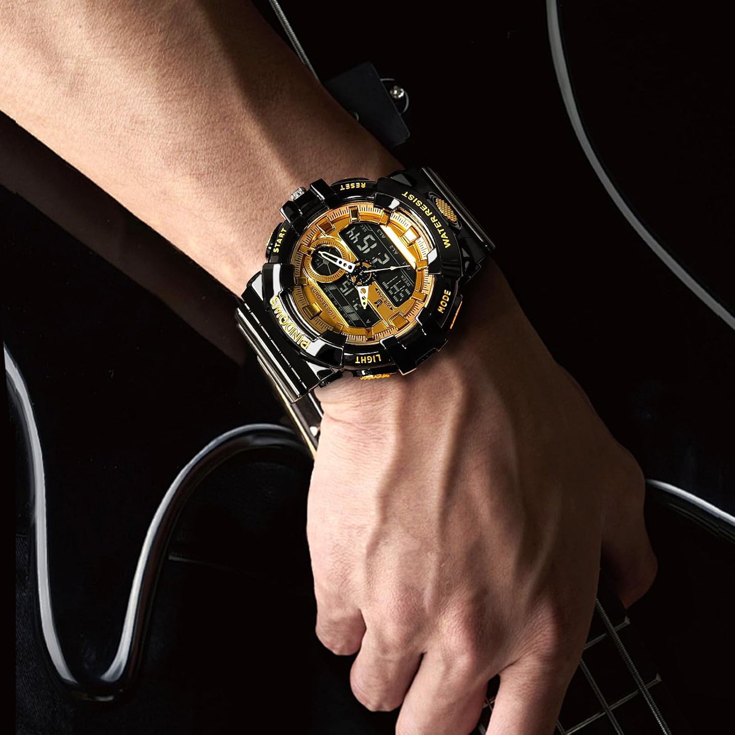HOTPINDOWS Watches for Men, Transparent Gold Analog Digital Dual Time 50M Waterproof, LED Backlight Multifunctional with Alarms, Stopwatch, Ideal for Sports, Outdoor Activities, and Daily Wear