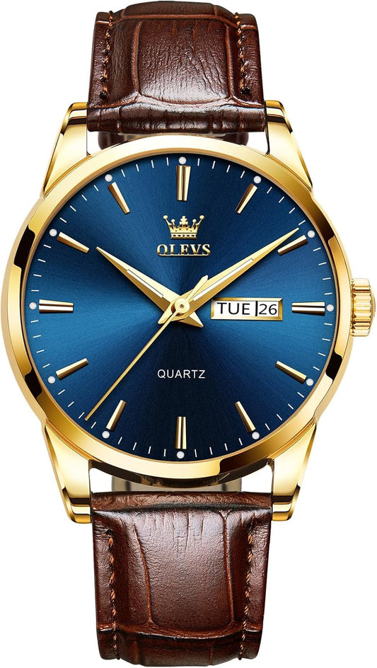 HOTQBAIZI Men's Casual Leather Watch, Easy to Read Three-Hand Analog Stainless Steel Watches for Men, Minimalist Day Date Waterproof Luminous Mens Quartz Wristwatch