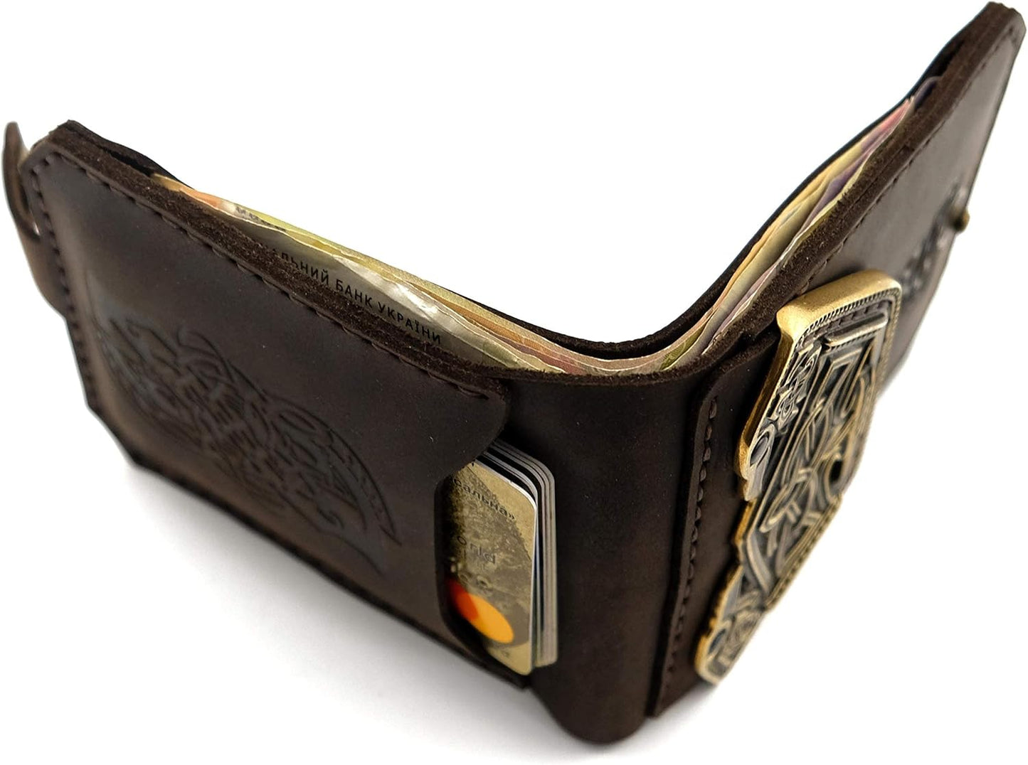 HOTScandinavian Old Norse leather wallet Mjolnir, Norse mythology Viking leather wallet with brass buckle Thor Hammer