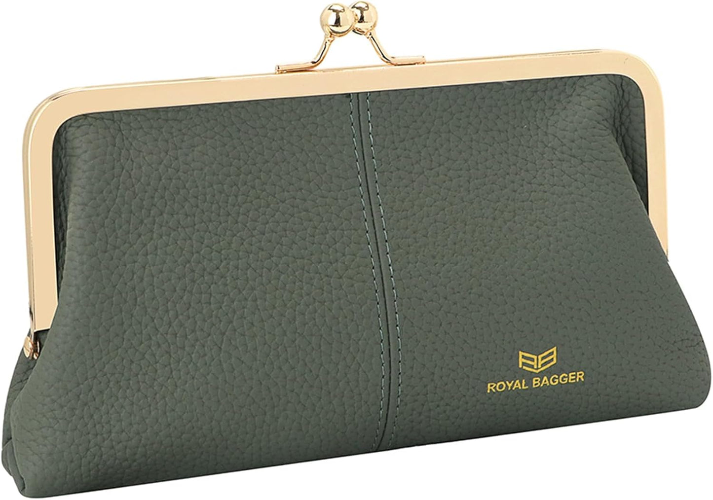 HOTRoyal Bagger RFID Kiss Lock Wallet, Solid Color Multi-card Slots Card Holder, Genuine Cow Leather Clutch Purses for Women 1468 (Almond Green)