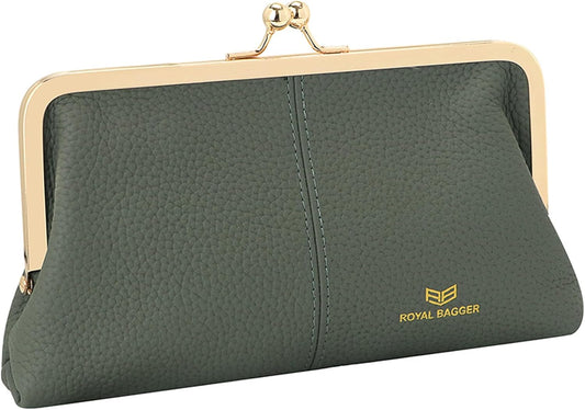 HOTRoyal Bagger RFID Kiss Lock Wallet, Solid Color Multi-card Slots Card Holder, Genuine Cow Leather Clutch Purses for Women 1468 (Almond Green)