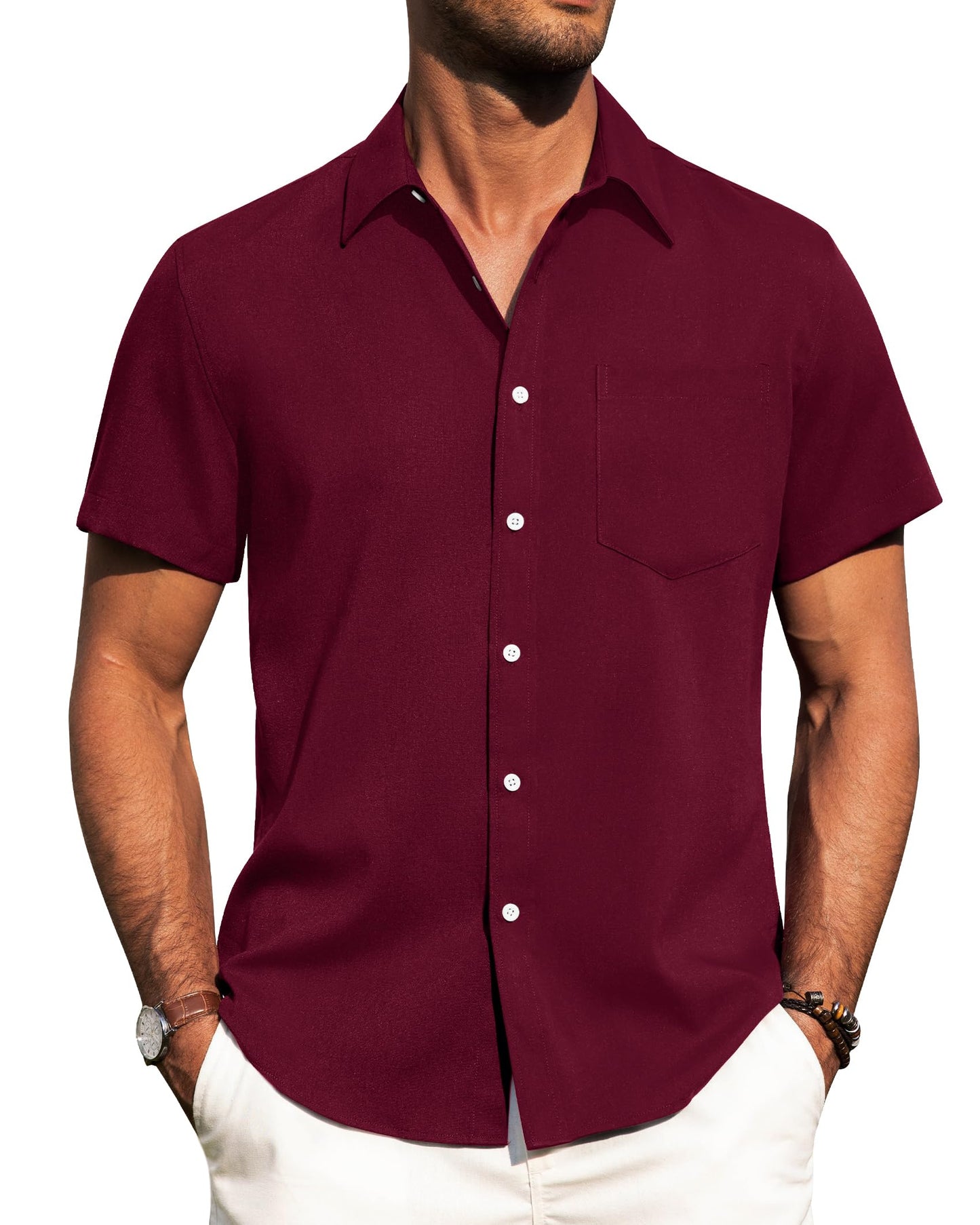 HOTAlimens & Gentle Mens Linen Shirts Short Sleeve Button Down Shirts Wrinkle Free Casual Vacation Beach Summer Tops