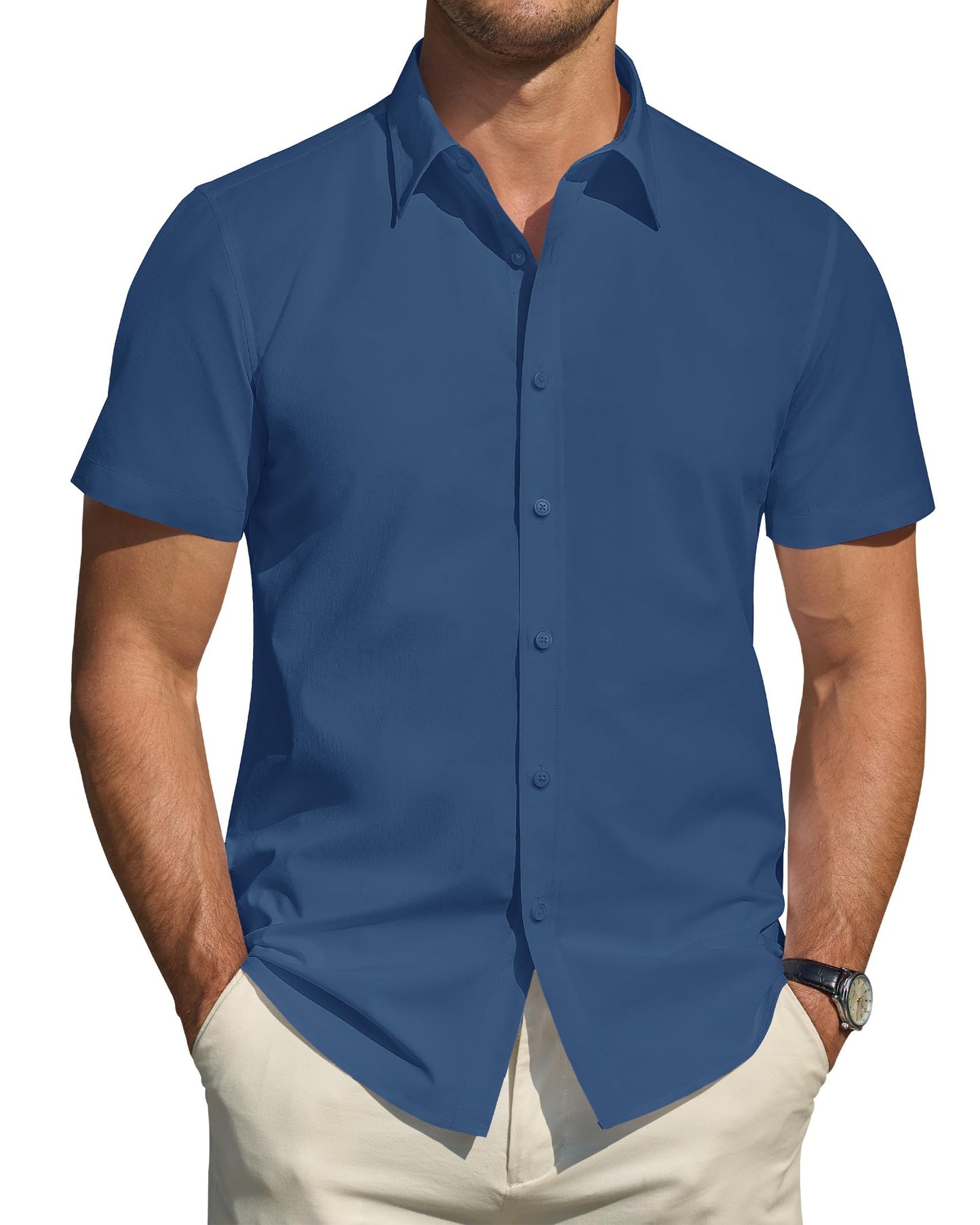 HOTJ.VER Men's Short Sleeve Dress Shirts Stretch Stain Shield Casual Button Down Shirts Solid Formal Shirt