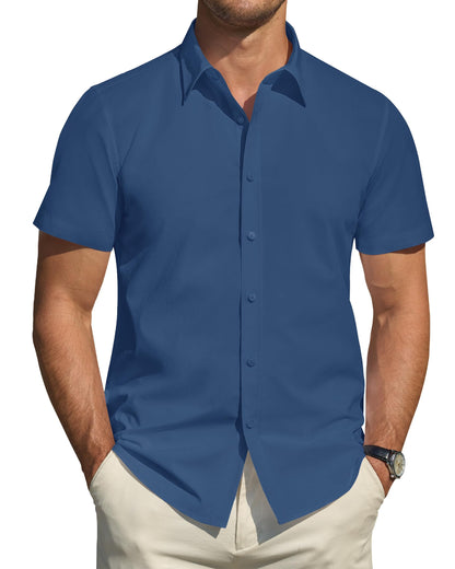 HOTJ.VER Men's Short Sleeve Dress Shirts Stretch Stain Shield Casual Button Down Shirts Solid Formal Shirt