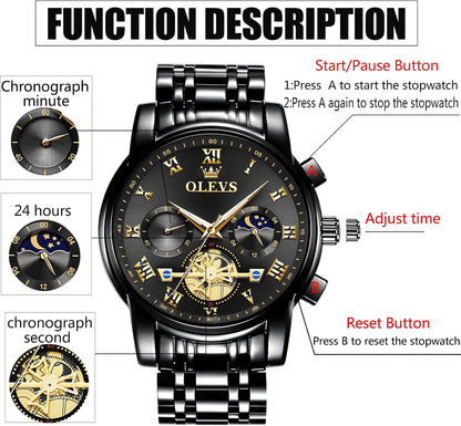 HOTOLEVS Watches for Men with Date Luxury Big Face Waterproof Mens Wristwatch Analog Dress Two Tone Stainless Steel Man Watch Luminous Relojes De Hombre Calendar(Green/Blue/Black Dial