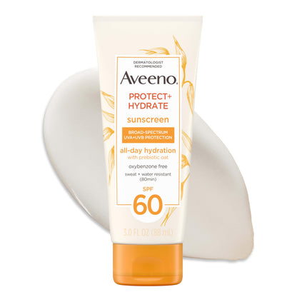 HOTAveeno Protect + Hydrate Sunscreen Lotion for Body & Face with Prebiotic Oat, SPF 60 Broad Spectrum Sunscreen, Paraben, & Oil Free, Water & Sweat Resistant (80-min) for Sensitive Skin, 3 Fl Oz | Moisturizing
