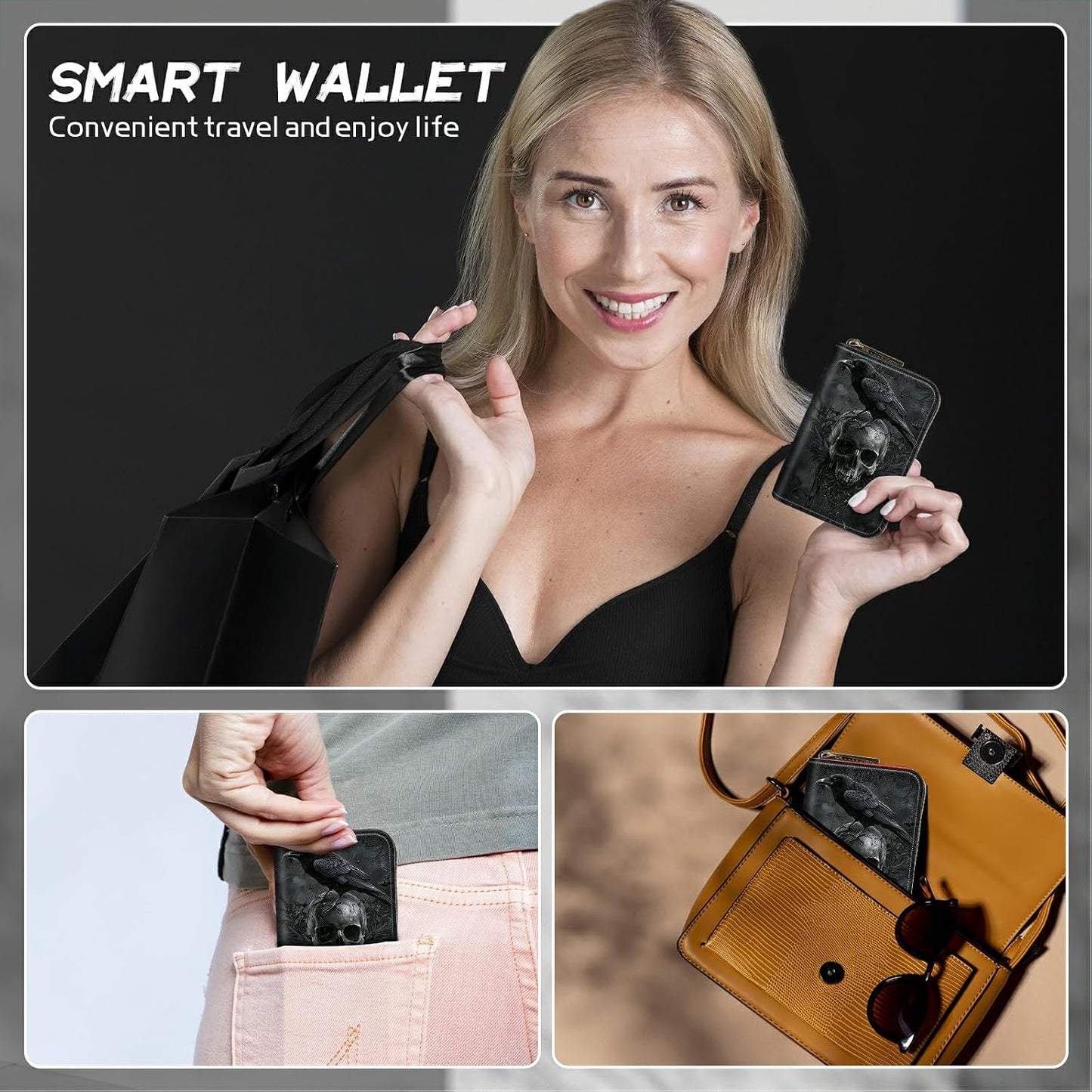 HOTCute Credit Card Holder with Zipper, Crow Skull RFID-Blocking Card Case Small Wallet for Women Men, Multi-slot Card Organizer Case Travel Accordion Wallet