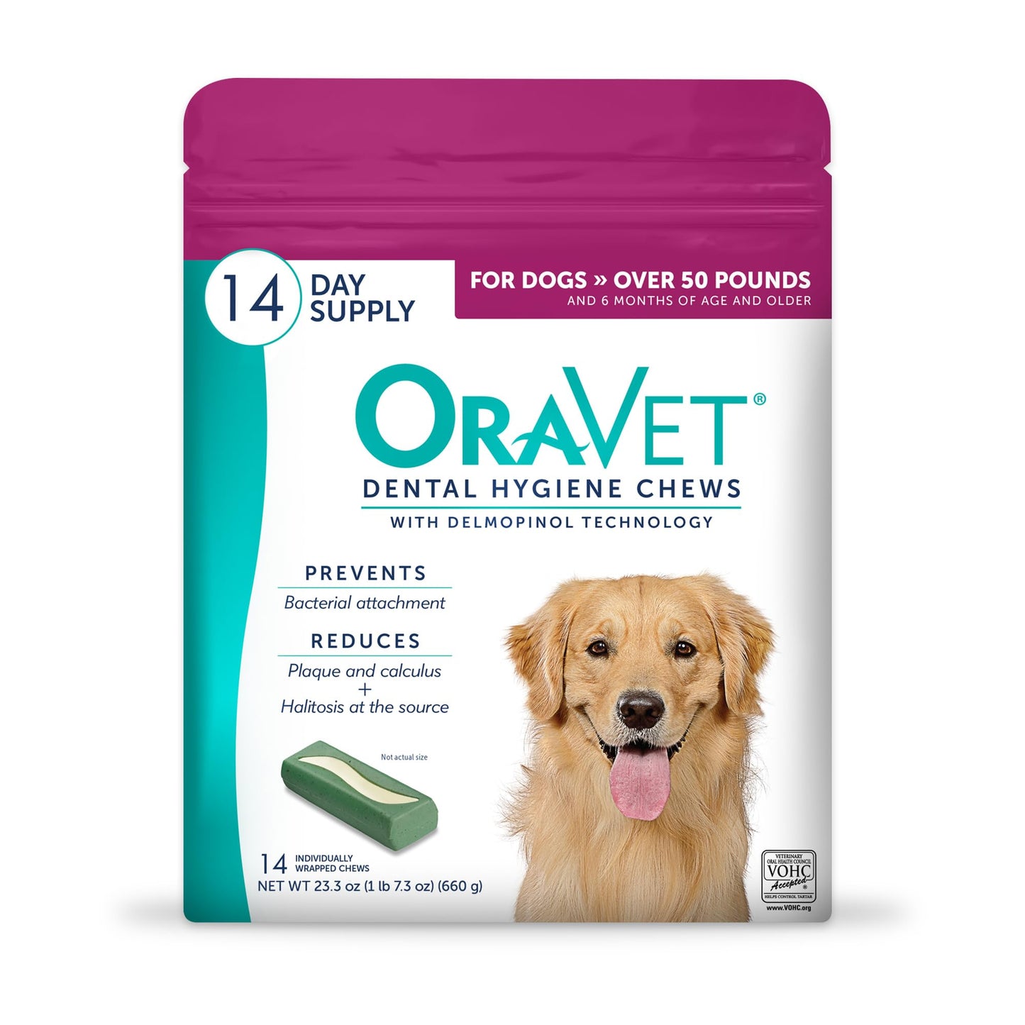 HOTORAVET Dental Chews for Dogs, Oral Care and Hygiene Chews (Large Dogs, Over 50 lbs.) Pink Pouch, 30 Count (Pack of 1) | VOHC-accepted dual-action chew reduces plaque & tartar, freshens breath barrier vet-recommended pink pack