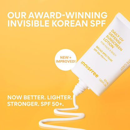HOTinnisfree Daily UV Defense SPF 50+ PA++++ Korean Face & Body Sunscreen, Broad Spectrum, Invisible Finish, No White Cast, Lightweight, Hydrating