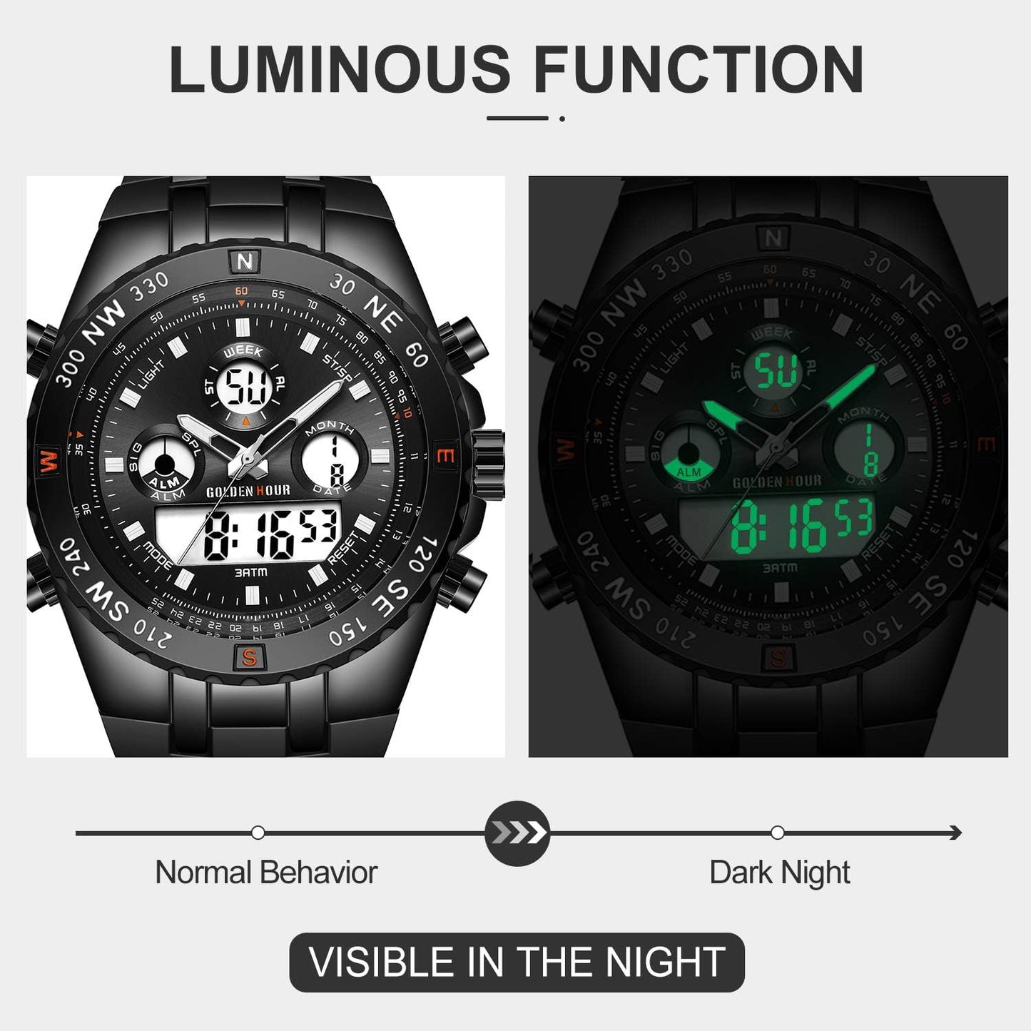 HOTGOLDEN HOUR Luxury Military Sports Men's Watches Large Size Big Face 3ATM Waterproof, Stopwatch, Date and Date, Alarm, Luminous Digital Analog Wrist Watch with Rubber Band