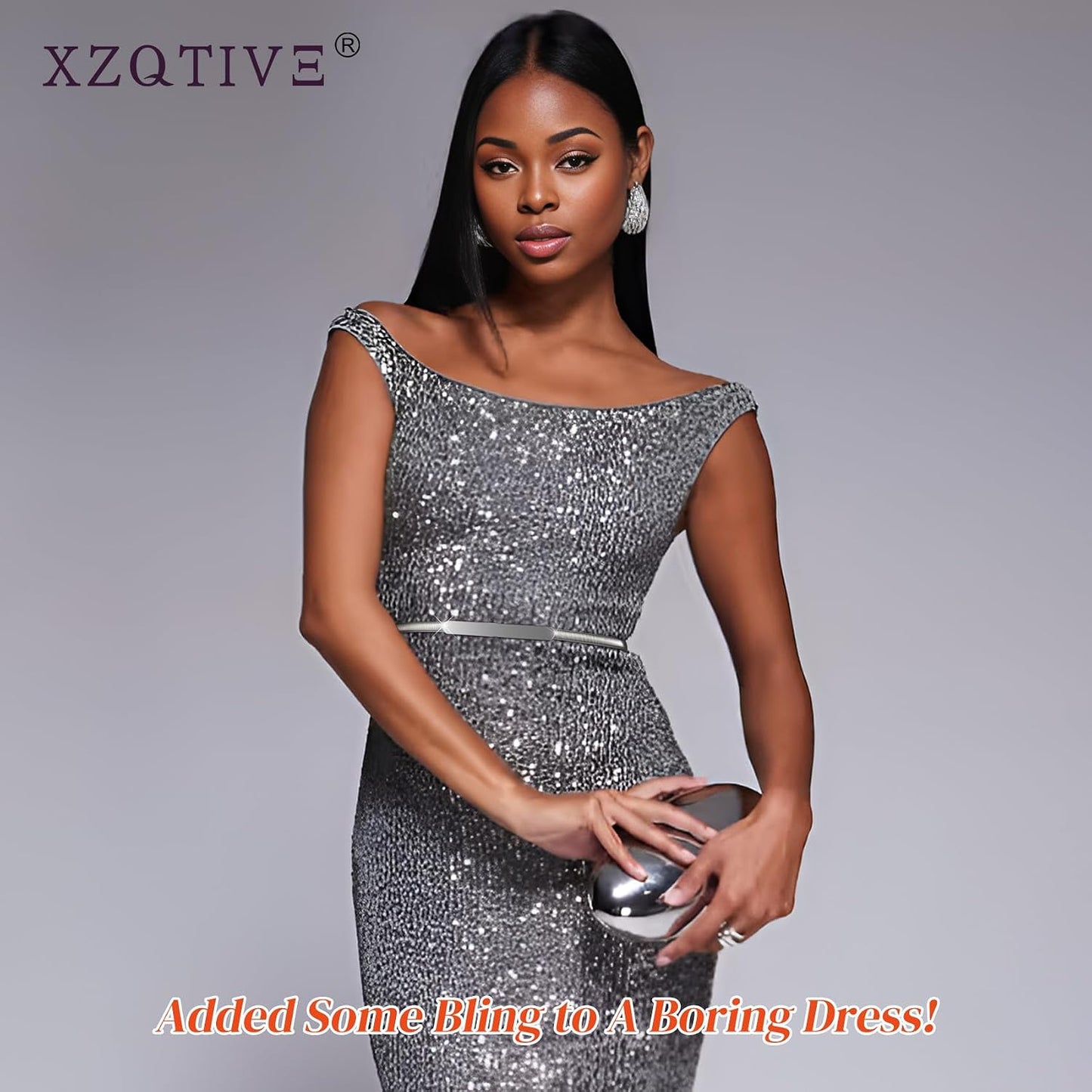 HOTXZQTIVE 2 Pieces Women Skinny Metal Chain Waist Belt Stretchy Saree Cinch Belt for Dress Gold Sliver
