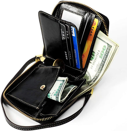 HOTSmall Womens Wallet, RFID Blocking Genuine Leather Purse Zip Around Credit Card Holder Purse Clutch Wallet with Wristlet (Black)