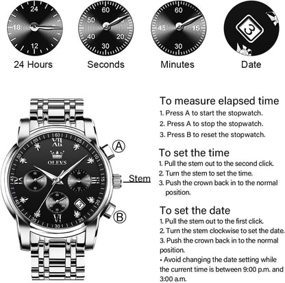 HOTOLEVS Men's Stainless Steel Chronograph Watch, Big Face Gold Silver Black Tone Easy to Read Analog Quartz Watch, Luxury Waterproof Date Diamond Roman Arabic Numerals Dial Dress Watch for Men