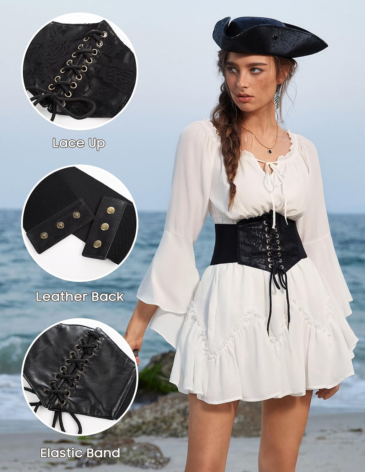 HOTScarlet Darkness Renaissance Corset Belt Lace-up Tied Waspie Wide Elastic Waist Belts for Women