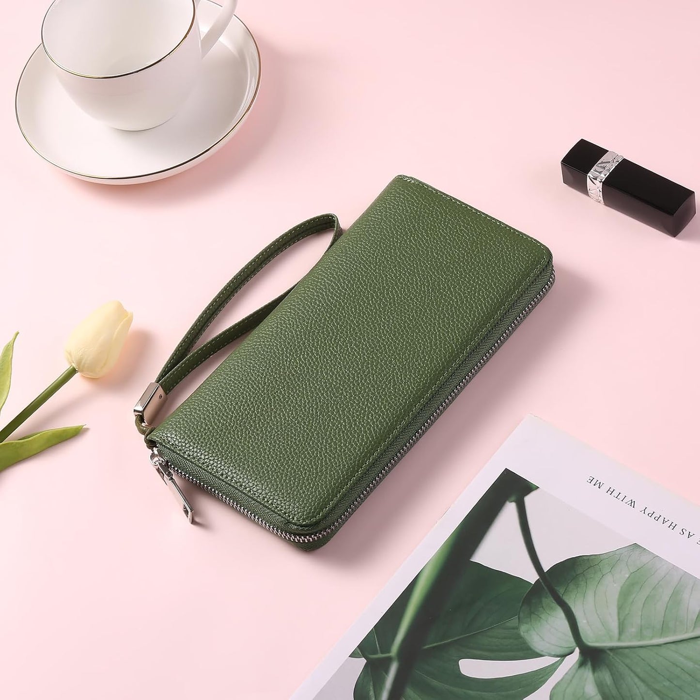 HOTGOIACII Womens Wallet RFID Blocking Leather Zip Around Wallet Large Capacity Long Purse Credit Card Clutch Wristlet