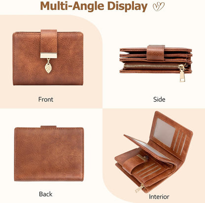 HOTGenuine Leather Wallet for Women RFID Blocking Bifold with Zipper Pocket & ID Window (Dark Brown)