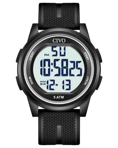 HOTCIVO Digital Watches for Women Men: Waterproof Large Dial Sports Watch 44mm | Ultra-Thin Soft Silicone Wrist Watch with Stopwatch and Alarm for Outdoor Enthusiasts - Running & Camping