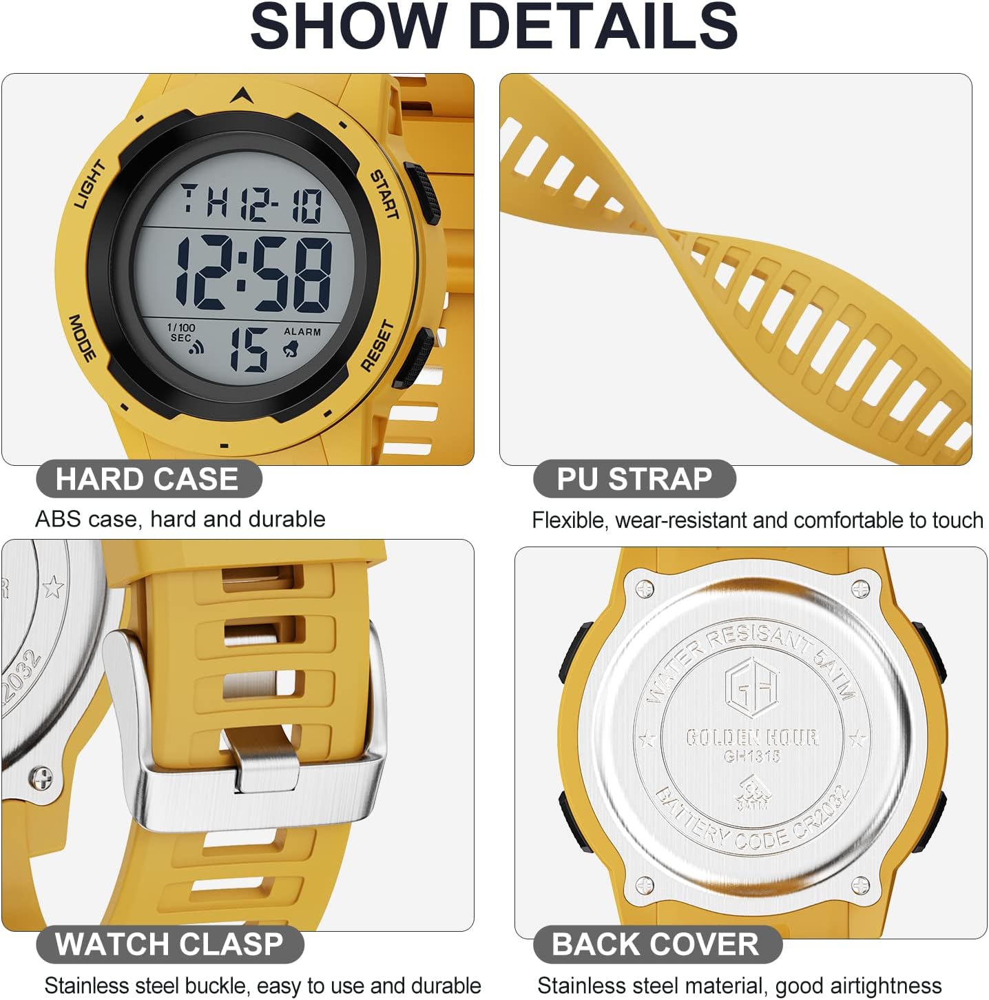 HOTGOLDEN HOUR Mens Waterproof Digital Sport Watches Wide Screen Easy Read Display Military Style with Rubber Strap