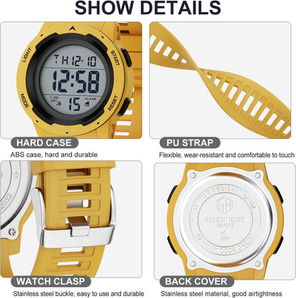 HOTGOLDEN HOUR Mens Waterproof Digital Sport Watches Wide Screen Easy Read Display Military Style with Rubber Strap