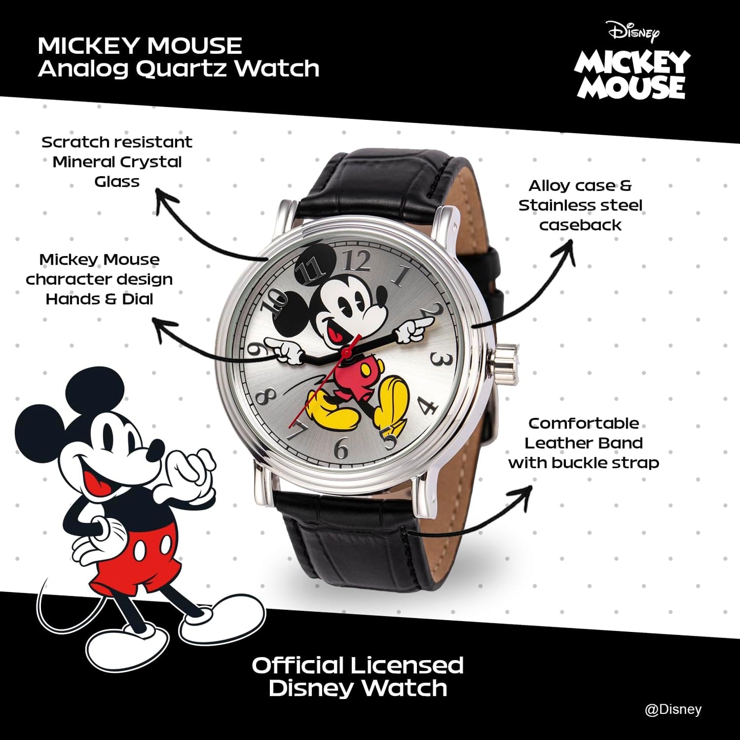 HOTFull Color Mickey Mouse Head Silhouette Watch for Men \u2013 Iconic Mickey Mouse Watches for Men \u2013 Stylish Watch \u2013 Classic Watches with Silver Dial &amp; Black Leather Bracelet