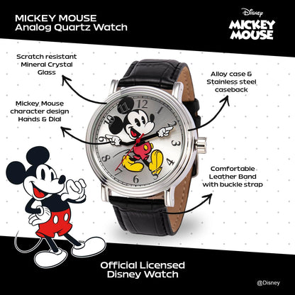 HOTFull Color Mickey Mouse Head Silhouette Watch for Men \u2013 Iconic Mickey Mouse Watches for Men \u2013 Stylish Watch \u2013 Classic Watches with Silver Dial &amp; Black Leather Bracelet