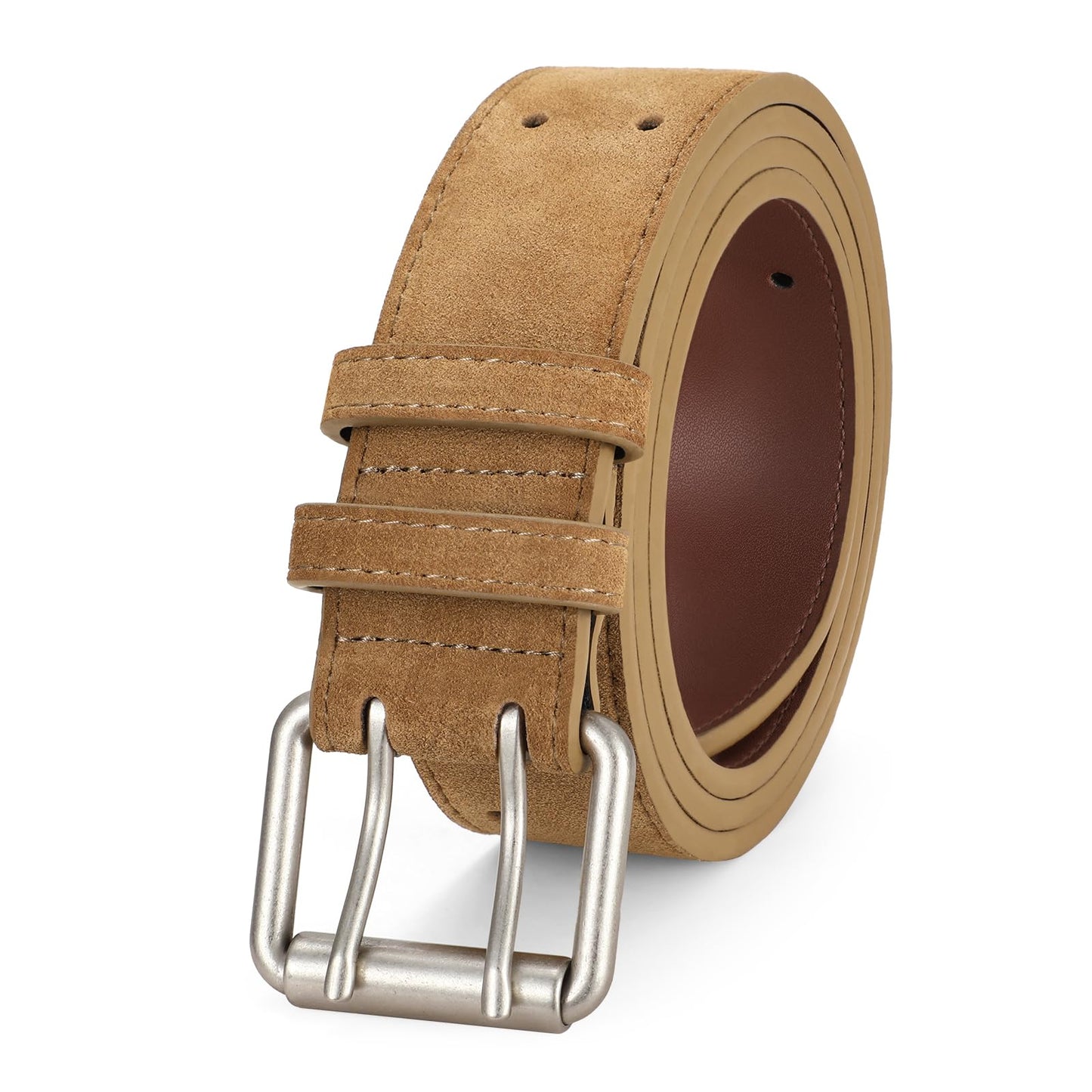 HOTJASGOOD Men Double Prong PU Leather Belt Casual Work Heavy Duty Belt Double Grommet Holes Belt for Jeans