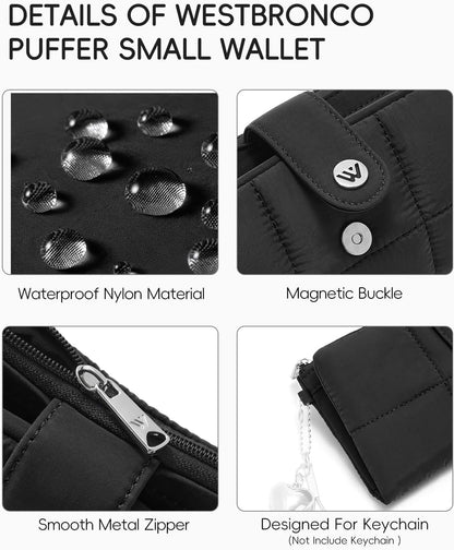 HOTWESTBRONCO Puffer Wristlet Wallets for Women RFID Blocking Soft Slim Bifold Compact 13 Card Holder Wallet for Women with Zipper Coin Pocket & ID Window
