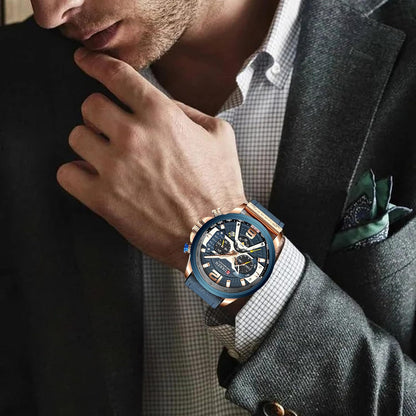 HOTFANMIS Mens Luxury Watches Business Chronograph Dress Waterproof Leather Strap Analog Quartz Wrist Watch
