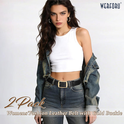 HOTWERFORU 2 Pack Women Leather Belts for Jeans Pants Fashion Leather Belts for Women Waistband with Gold Pin Buckle