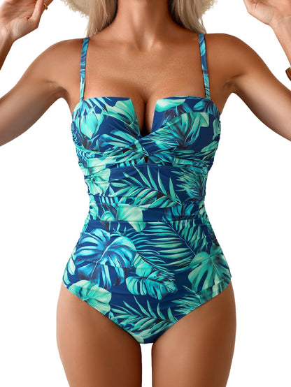 HOTEomenie Women's Push Up Wrap Front Swimsuit One Piece Slimming Bathing Suit | Ruched Tummy Control, Bandeau Strapless with Detachable Strap, Cutout Twist ,Tie Back, Support Bra Swimwear Beach Swimming