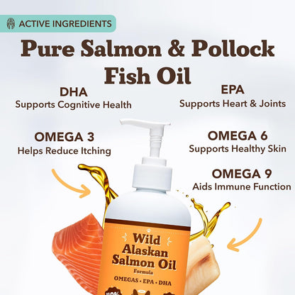 HOTNatural Dog Company Wild Alaskan Salmon Oil for Dogs - Omega 3 Fish Oil Supplement with EPA & DHA for Skin, Coat, Itch Relief, Joints, Heart & Immune Support, Liquid Food Topper, 16 oz