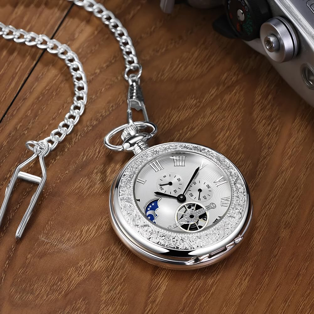 HOTOBTAIN Vintage Mechanical Pocket Watch - Exquisite Double-Sided Floral Engraved Case, Single Hunter Skeleton Design, Antique Silver Hand-Winding Watch with 25cm Chain, Gift Box for Men