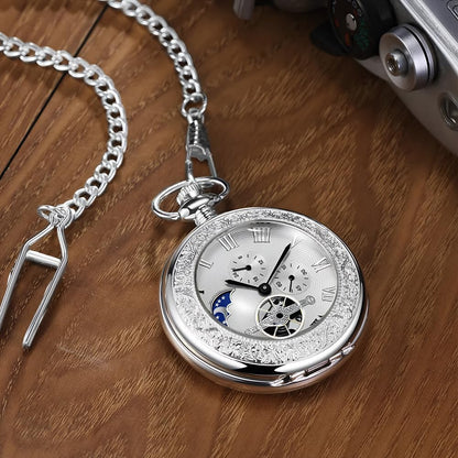 HOTOBTAIN Vintage Mechanical Pocket Watch - Exquisite Double-Sided Floral Engraved Case, Single Hunter Skeleton Design, Antique Silver Hand-Winding Watch with 25cm Chain, Gift Box for Men