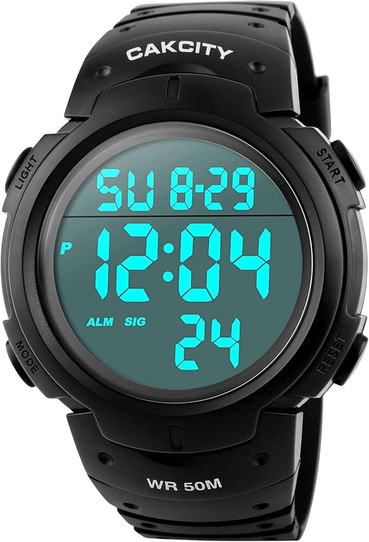 HOTCakCity Men's Digital Sports Watch,50M Water Resistant,50mm Large Face,Stopwatch,Alarm,EL Backlight,Black,Ideal for Sport,Referee,Outdoor Work,Running Training & Daily Wear