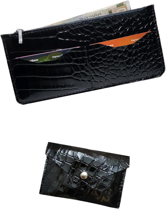 HOTINGVARR Unique Patent Slim Leather Wallet for Women | Crocodile Embossed Genuine Leather | Gift for Her | Handmade Wallet with Card Slots and Coin Pocket | Black