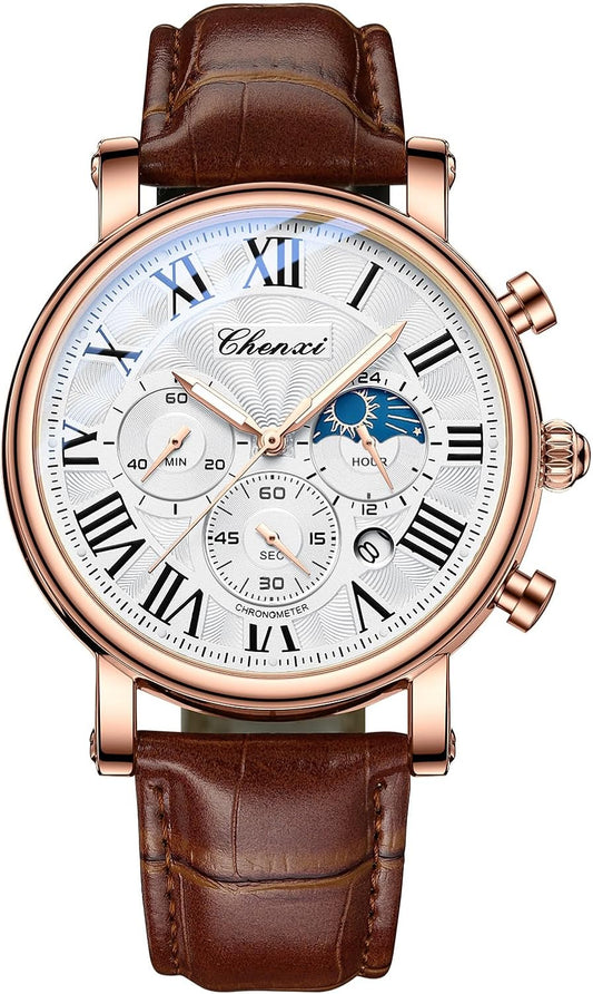 HOTFANMIS Men's Classic Watches Multifunctional Analog Watch Business Dress Waterproof Luminous Chronograph Starry Sky Moon Phase Leather Wristwatch