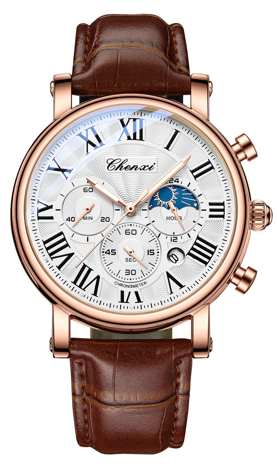 HOTFANMIS Men's Classic Watches Multifunctional Analog Watch Business Dress Waterproof Luminous Chronograph Starry Sky Moon Phase Leather Wristwatch