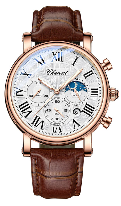 HOTFANMIS Men's Classic Watches Multifunctional Analog Watch Business Dress Waterproof Luminous Chronograph Starry Sky Moon Phase Leather Wristwatch