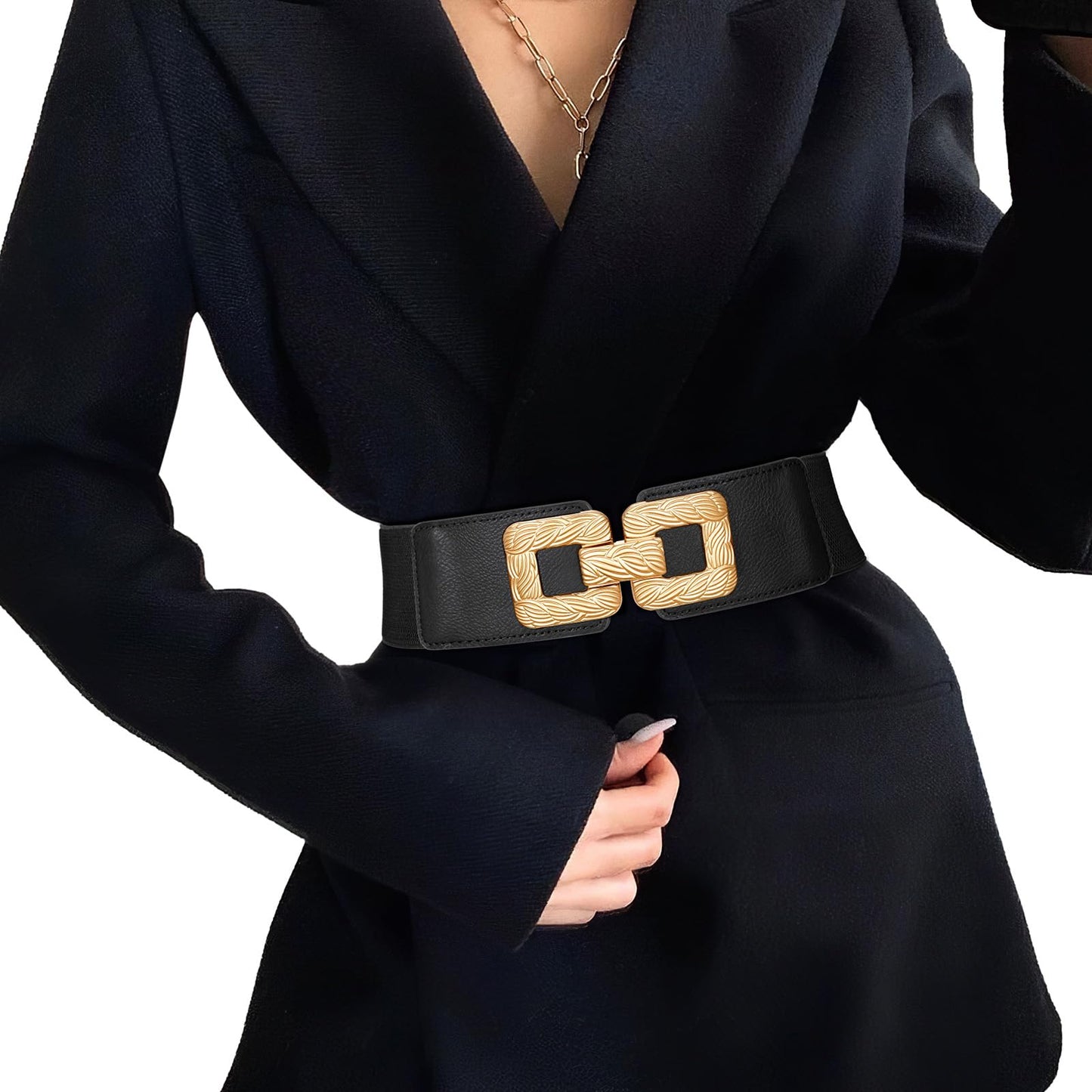 HOTWide Belts for Women Fashion Elastic Belt for Dresses Vintage Waist Belt Ladies Stretchy Belt Gold Buckle